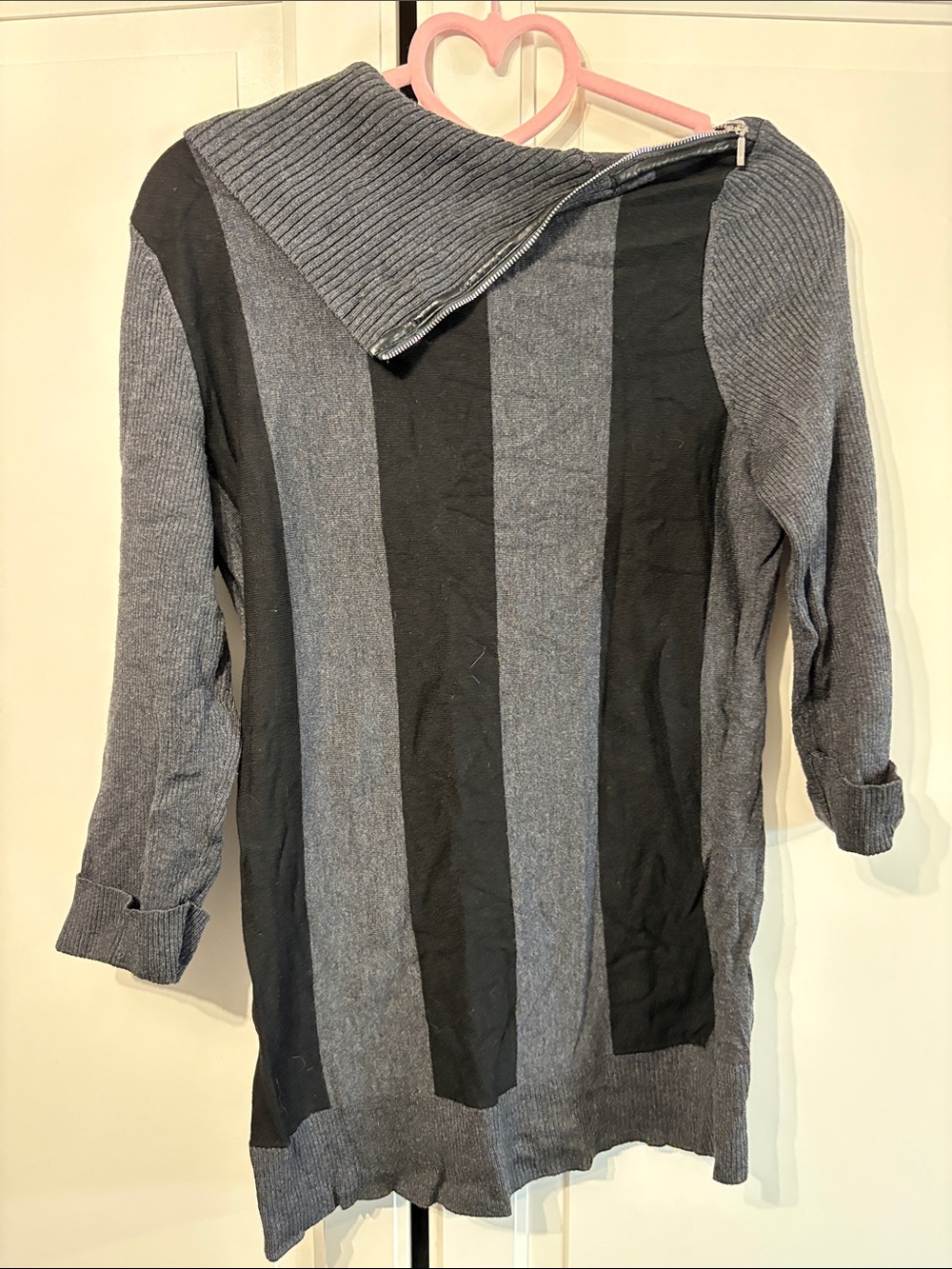 le chateau Gray and Black Striped Cowl Zip Tunic Sweater